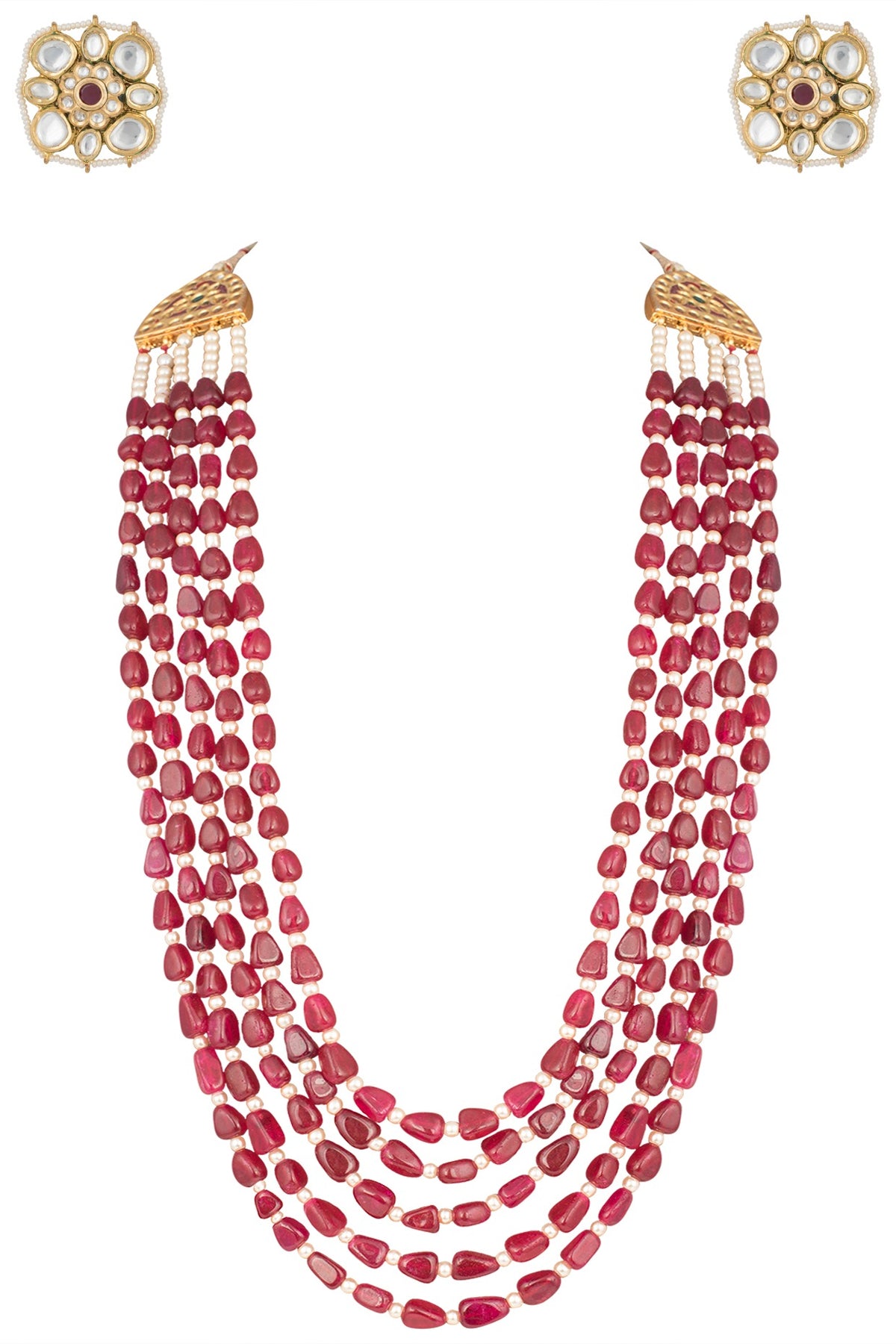 Gold plated 5 layered ruby and pearl necklace set
