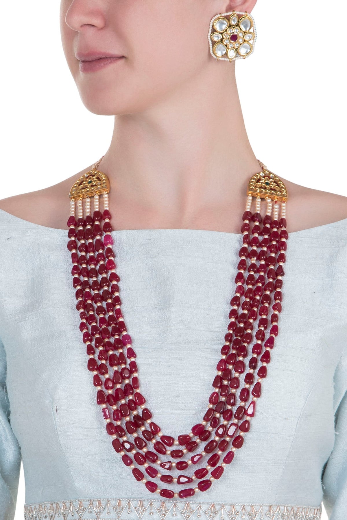 Gold plated 5 layered ruby and pearl necklace set