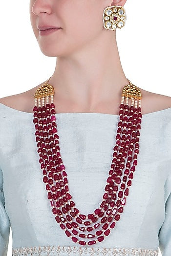 Gold plated 5 layered ruby and pearl necklace set