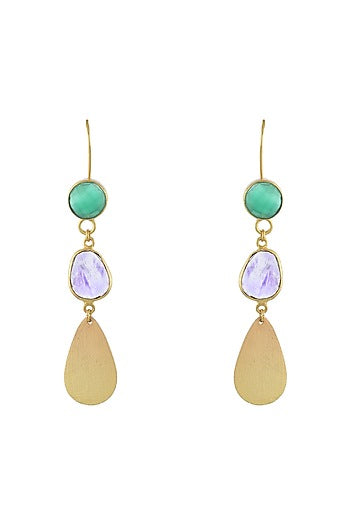 Gold Plated Green Onyx & Amethyst Stone Dangler Earrings