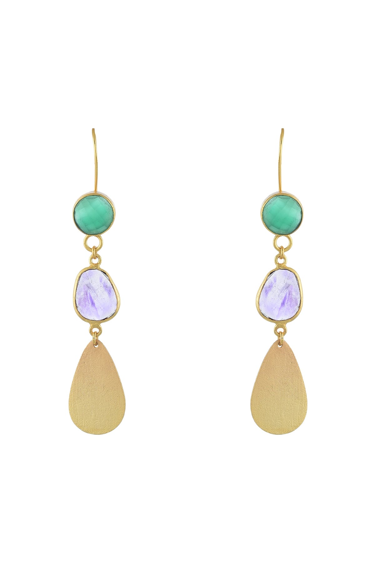 Gold Plated Green Onyx & Amethyst Stone Dangler Earrings