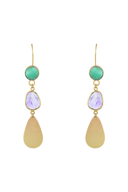Gold Plated Green Onyx & Amethyst Stone Dangler Earrings