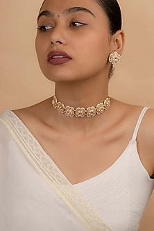 Gold Finish Choker Necklace Set With Kundan Polki