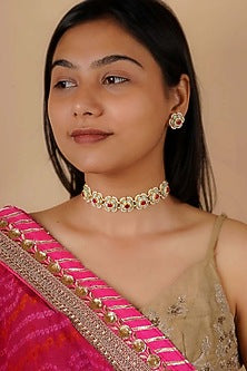 Gold Finish Choker Necklace Set With Multi-Colored Stones
