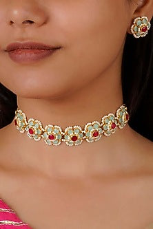 Gold Finish Choker Necklace Set With Multi-Colored Stones