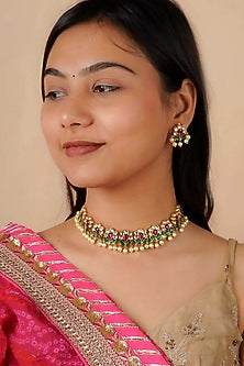 Gold Plated Uncut Polki & Beaded Jadau Choker Necklace Set