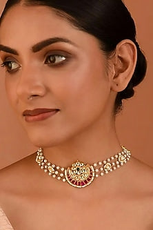 Gold Finish Kundan Polki & Pearl Choker Necklace