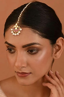 Gold Finish Pearl & Kundan Polki Maang Tikka