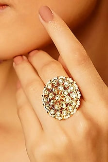 Gold Finish Pearl & Kundan Polki Ring