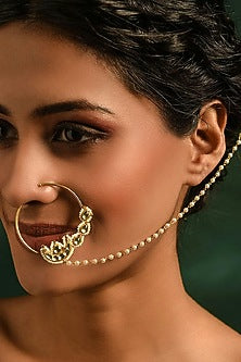 Gold Finish Kundan Polki & Pearl Nose Ring