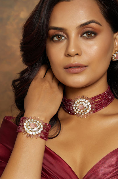 Royal Pink & Red Gold Polki Bracelet