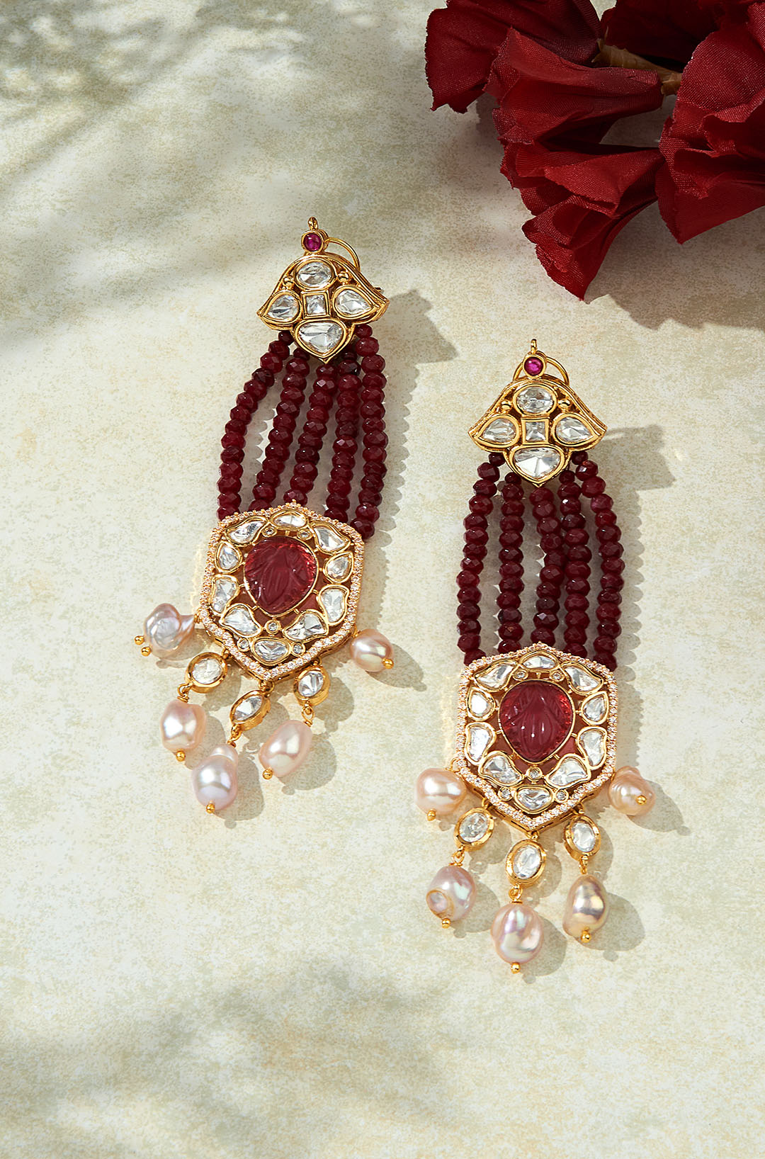 Deep Red & Golden Chandelier Earring