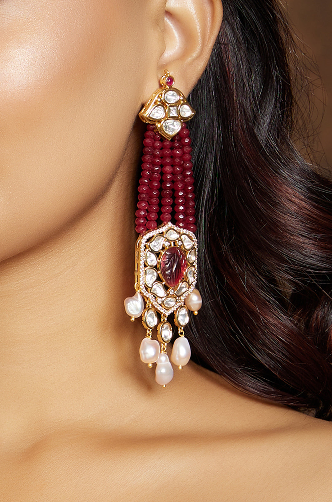 Deep Red & Golden Chandelier Earring