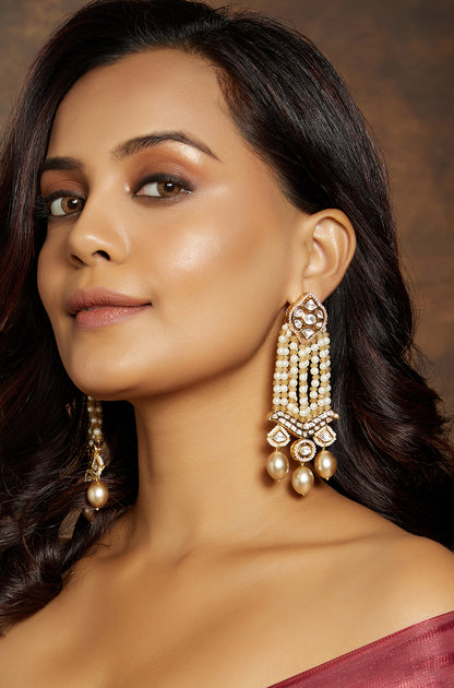 Beaded Gold Tone Polki  Chandelier Earring