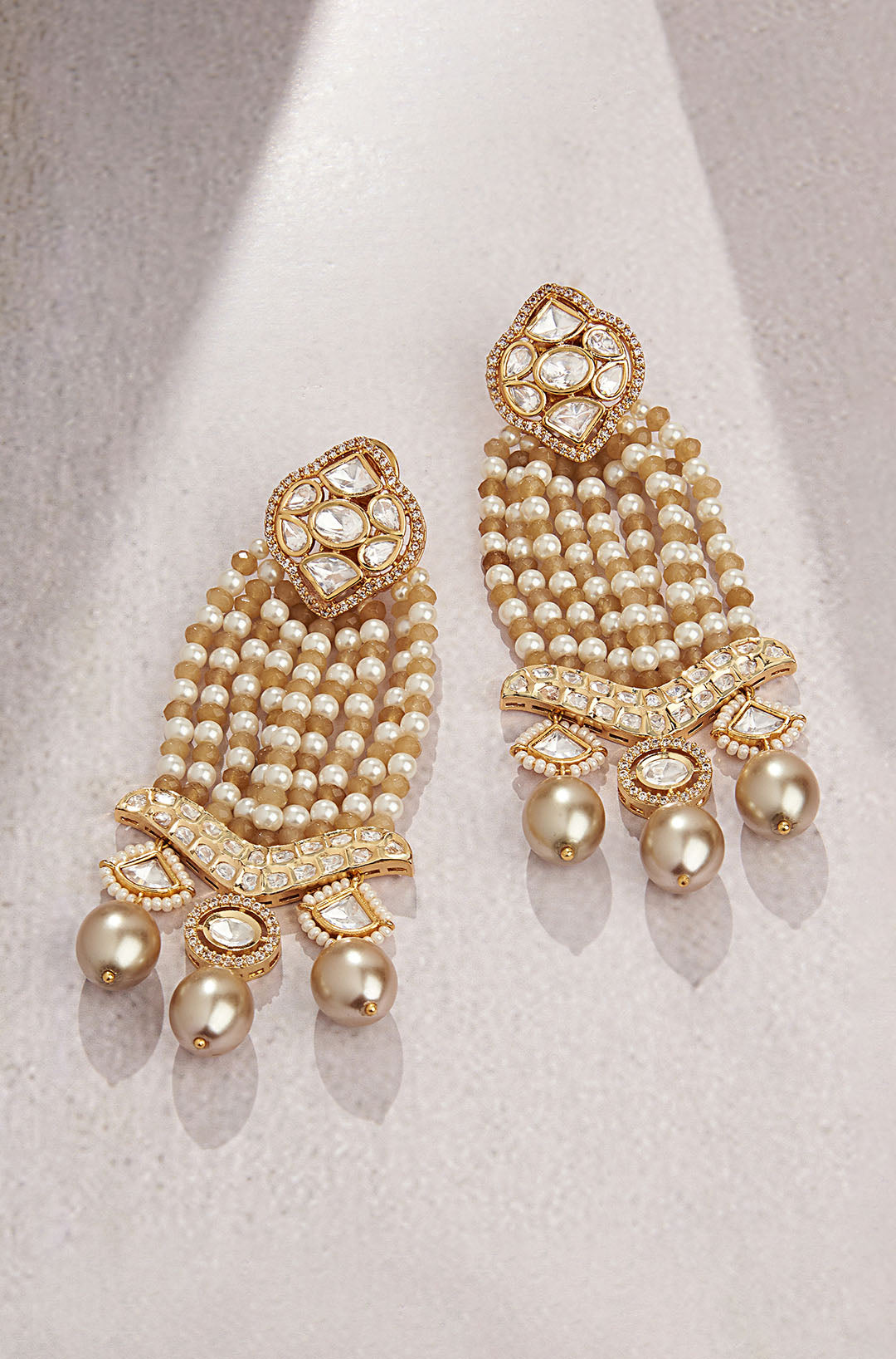 Beaded Gold Tone Polki  Chandelier Earring