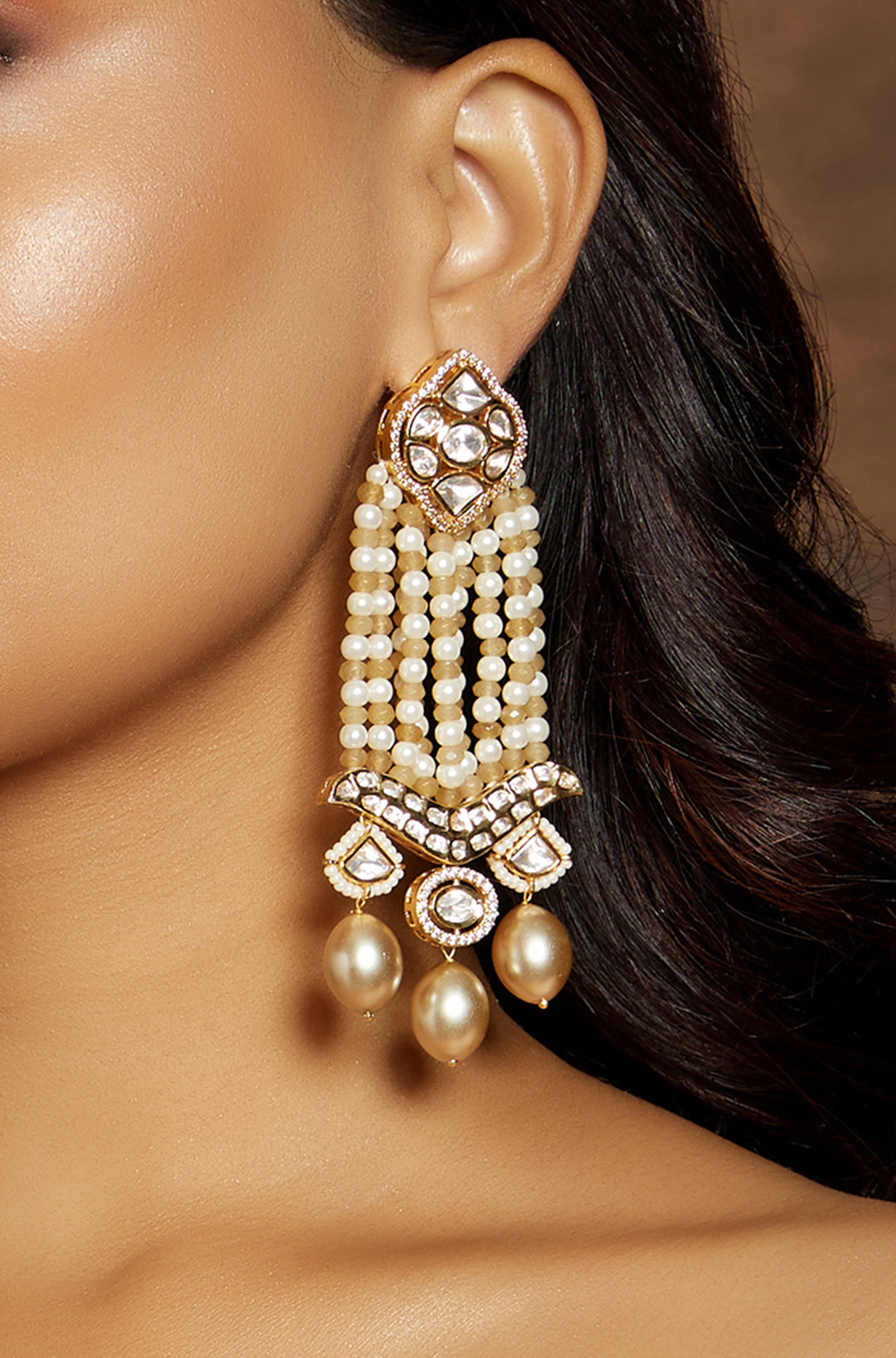 Beaded Gold Tone Polki  Chandelier Earring