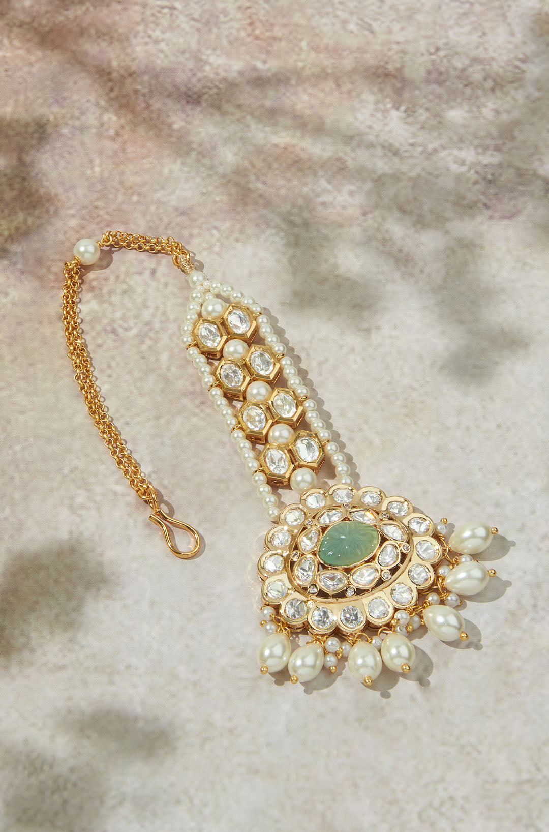 Gold Tone Green & White Maang Tikka