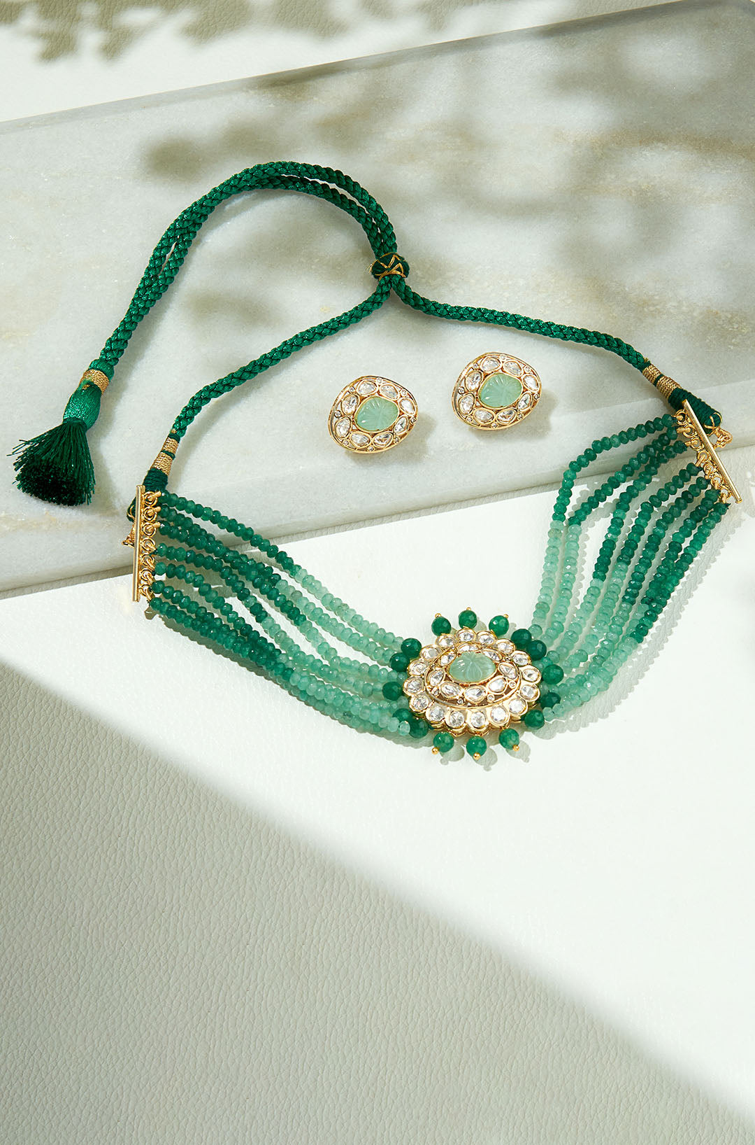 Multi Shaded Green Polki Choker Set