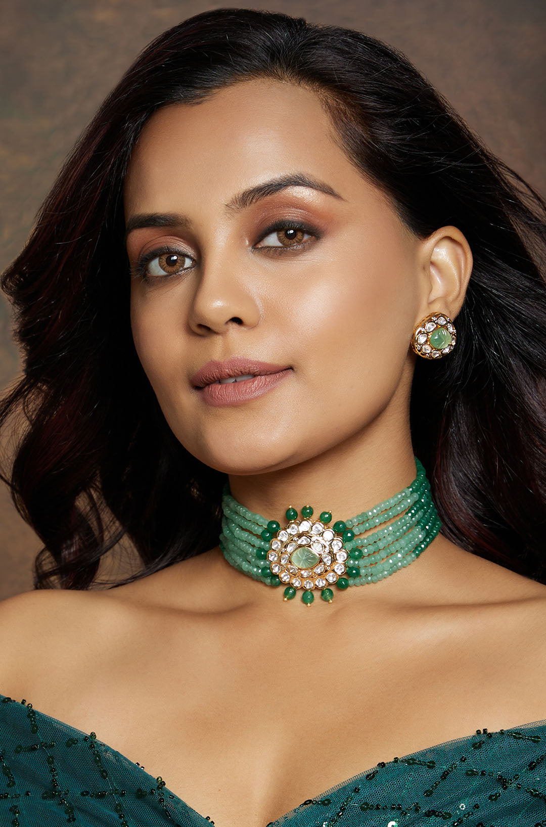 Multi Shaded Green Polki Choker Set