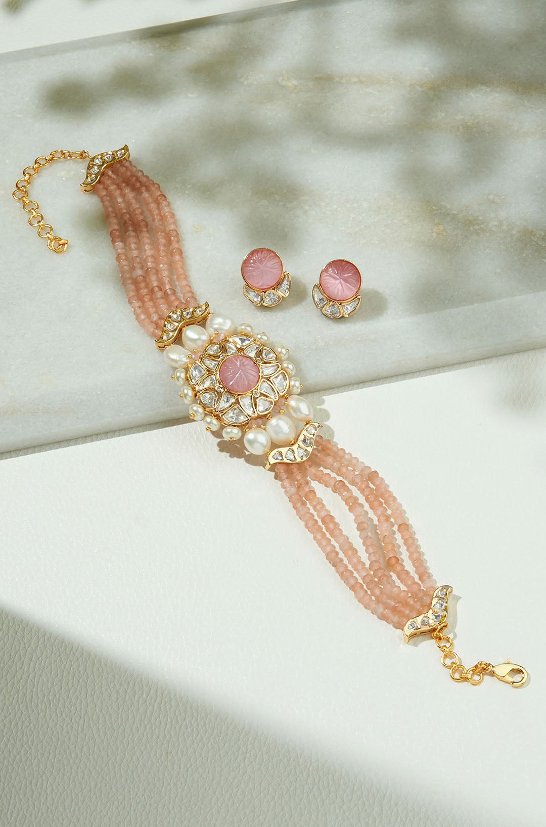 Vibrant Peach Beaded Polki Necklace Set