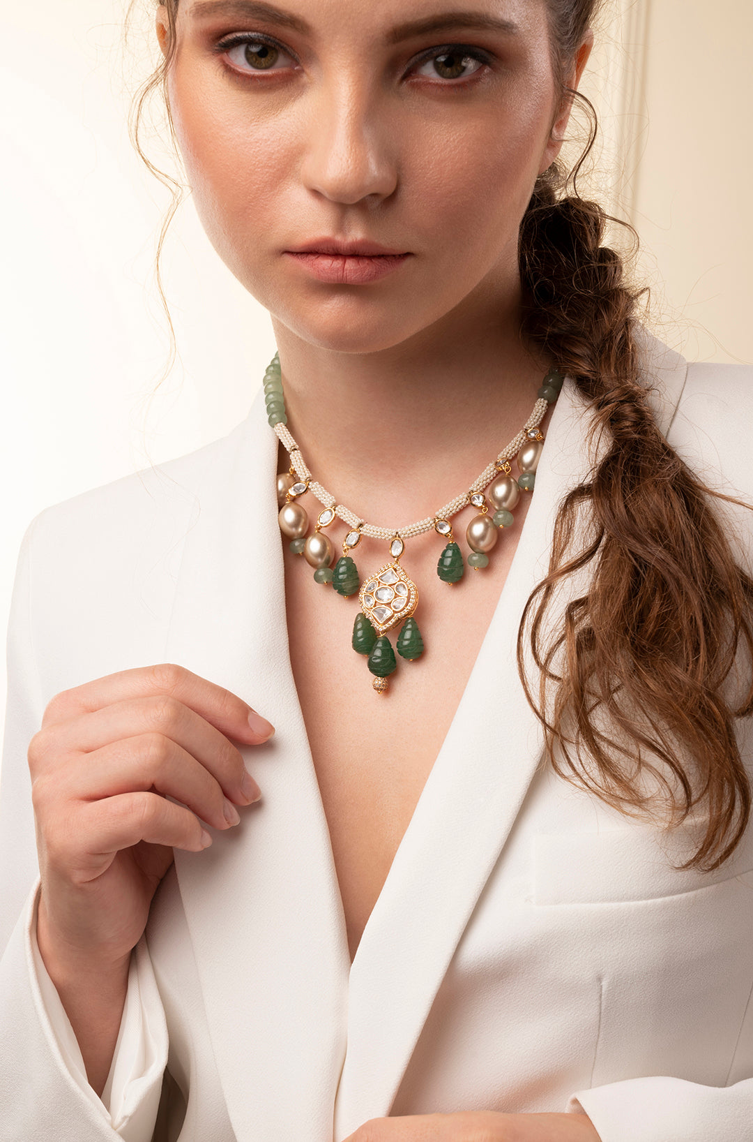 White & Green Polki Necklace