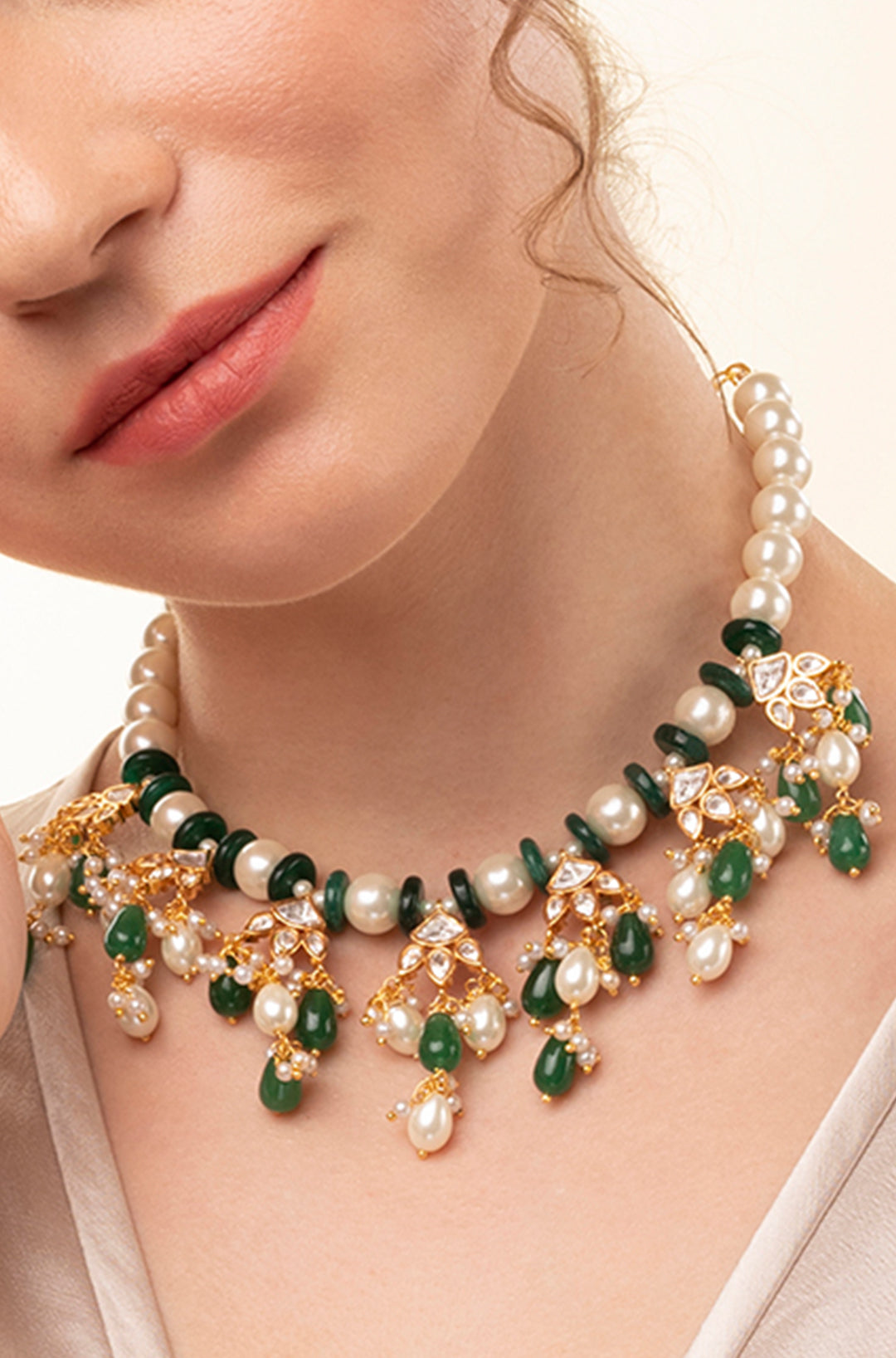 White & Green Necklace With Kundan Polki