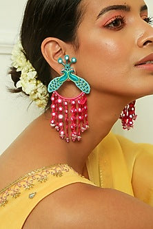 Turquoise & Hot Pink Hand Embroidered Dangler Earrings