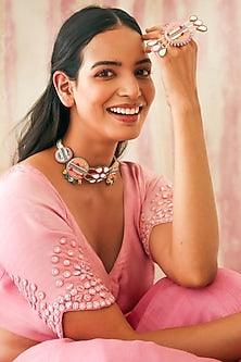 Peachy Pink Choker Necklace With Multi-Colored Dyed Beads