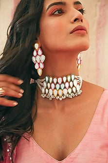 Peachy Pink Choker Necklace With Multi-Colored Mirrors