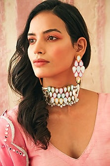 Peachy Pink Choker Necklace With Multi-Colored Mirrors