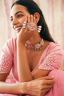 Peachy Pink Ring With Multi-Colored Mirrors