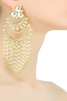 Gold plated kundan and pearl filigree chandbali earrings