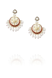 Gold plated red flying swan kundan and pearls earrings