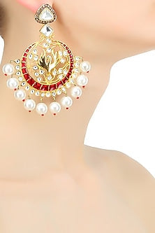 Gold plated red flying swan kundan and pearls earrings