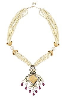 Gold Plated Kundan And Ruby Drops Multiple String Neckpiece