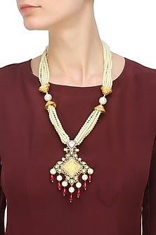 Gold Plated Kundan And Ruby Drops Multiple String Neckpiece
