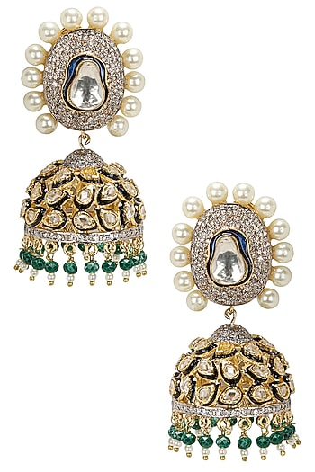 Gold Finish Kundan and Pearl Jhumki Earrings