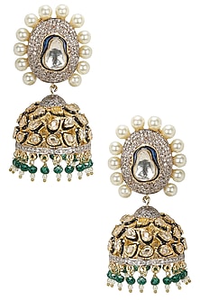 Gold Finish Kundan and Pearl Jhumki Earrings