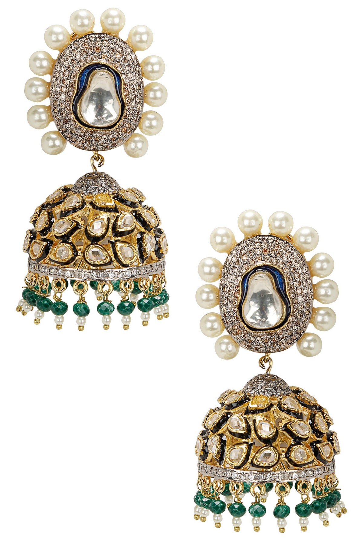 Gold Finish Kundan and Pearl Jhumki Earrings