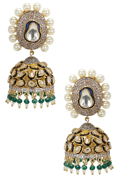 Gold Finish Kundan and Pearl Jhumki Earrings
