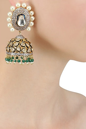 Gold Finish Kundan and Pearl Jhumki Earrings