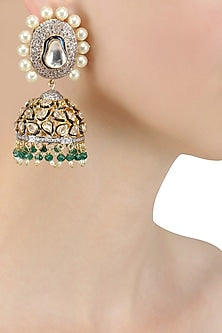 Gold Finish Kundan and Pearl Jhumki Earrings