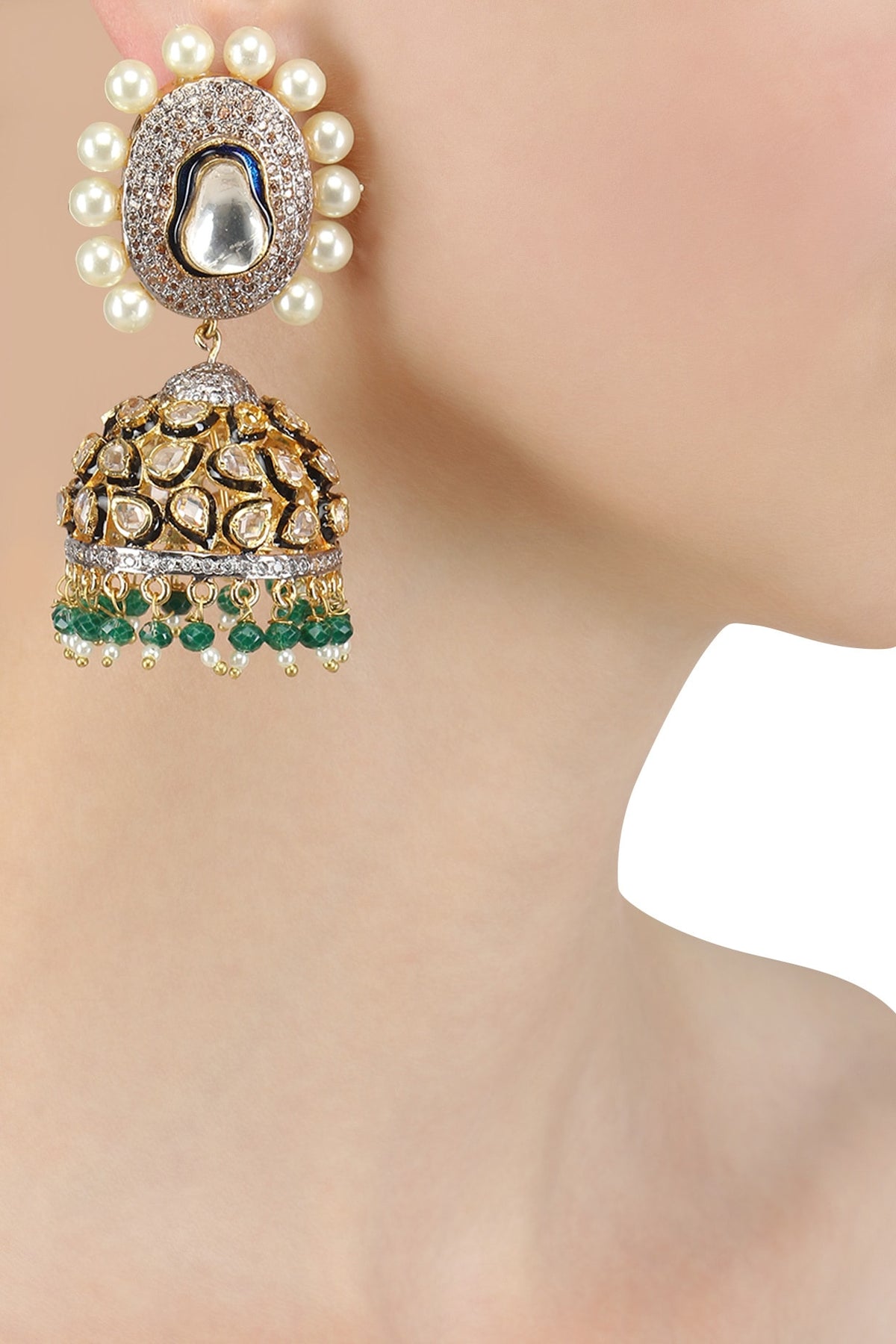 Gold Finish Kundan and Pearl Jhumki Earrings