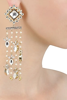 Gold Finish Kundan and Pearl Waterfall Earrings