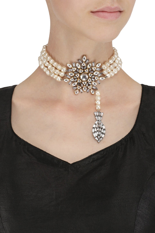 Gold Finish Baguettes Studded Pendant Choker