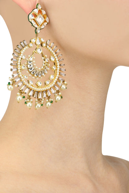 Gold Finish Jadau and Kundan Meenakari Work Statement Chandbali Earrings