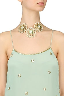 Gold Finish Jadau Kundan and Emerald Stones Choker Necklace