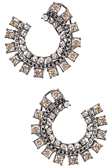 Antique Silver Finish Baguettes and Champagne Stones Open Hoops