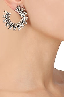 Antique Silver Finish Baguettes and Champagne Stones Open Hoops