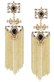 Gold Plated Baguettes and Blue Stone Tassel Earrings